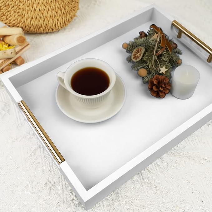 Wooden Decorative Coffee Table Tray, 16" Matte Finish Serving Tray with Handles for Ottoman, Living Room, Perfume, Vanity Dresser Organizer (Ivory White)