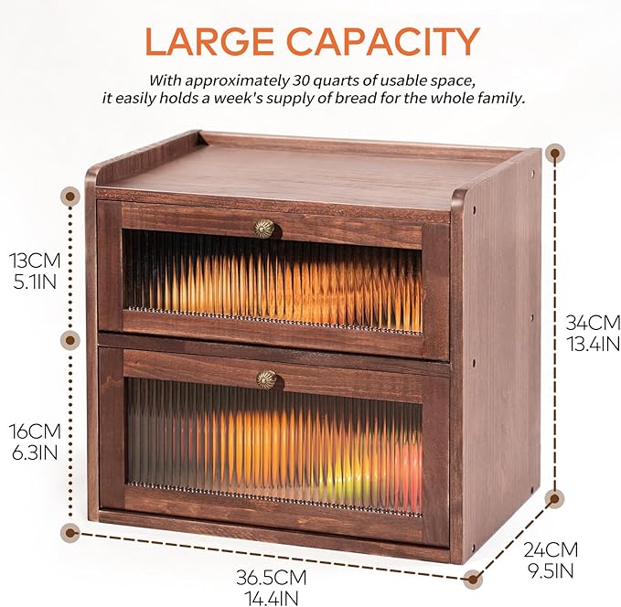 Solid Wood Bread Box for Kitchen Countertop with 50 Count Deli Paper, Double Layer Large Capacity Wooden Breadbox, Vintage Food Storage Container for Kitchen Counter Corner, Brown