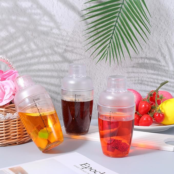 12 Pcs Plastic Cocktail Shaker with Scale and Strainer Top Clear Shaker Cup with Measurement Clear Plastic Bottle Cocktail Tea Measuring Jigger for Coffee Bubble Tea Milk, 350ml/12oz