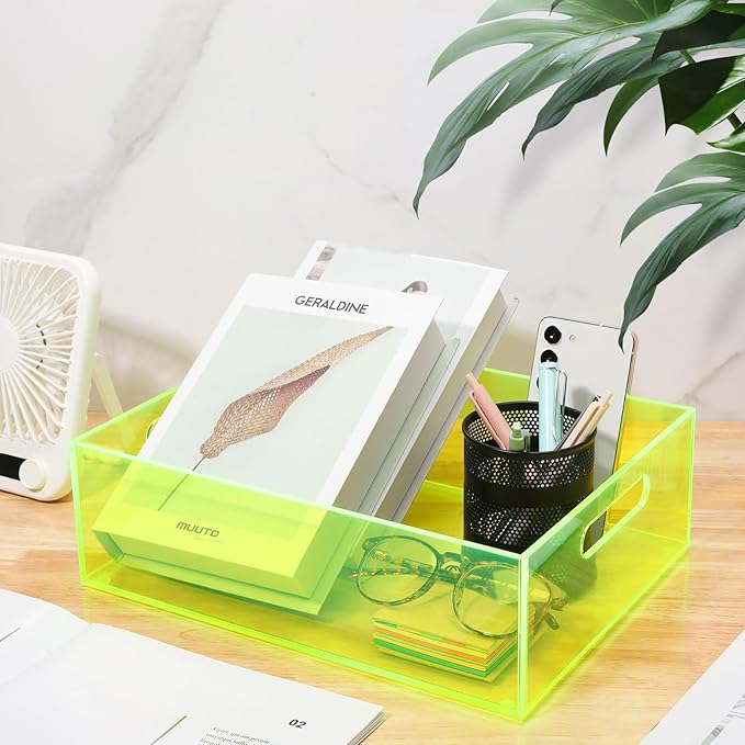 Large Storage Bin Acrylic Pantry Storage Container with Handles Kitchen Organizer Bin for Cabinet Cupboard Organization, Heavy Duty, 15.4 x 11.4 x 5.5'', Neon Green