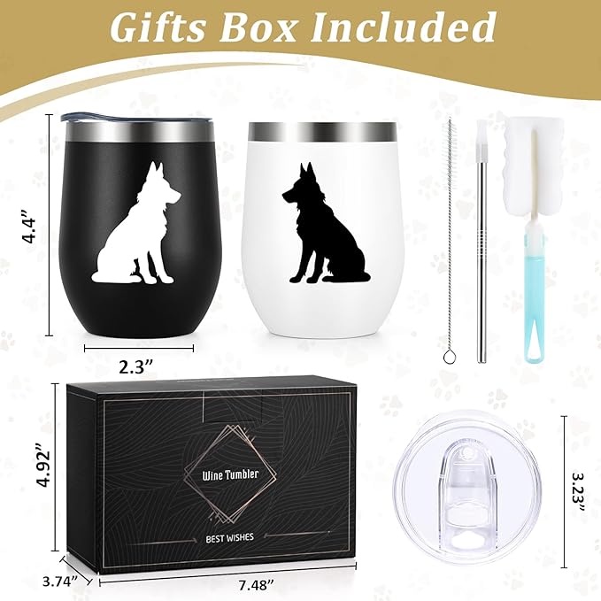 Lifecapido German Shepherd Gifts, German Shepherd Silhouette Insulated Wine Tumbler Set of 2, Unique Christmas Birthday Dog Lovers Gifts for German Shepherd Owners