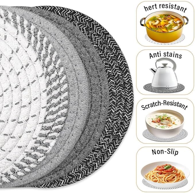Trivet Mats Set for Hot Dishes, 5 Heat Resistant Pot Holders Kitchen Counter, Table, Home Essentials, Anti Stain Hot Pads Plate Mats for Hot pots and Pans, 7 Inches