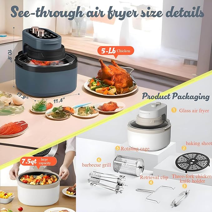 Rotatable 8-in-1 Air Fryer Toaster Oven Combo 7.5QT Large Glass Air Fryer, Rapid HotAir Tech, Family-Size Smart Cooker, Trending Modern Kitchen Essential for Healthy Meals (Off-white)