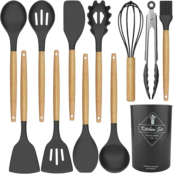 Silicone Cooking Utensils Kitchen Utensil Set - 446°F Heat Resistant Silicone Kitchen Utensils Set, Spatula,Turner Tongs, Spoon, Brush, Whisk,Kitchen Gadgets for Nonstick Cookware, BPA Free (Grey)