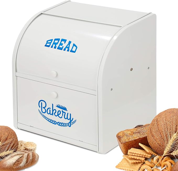 Bread Box, Metal Bread Box for Kitchen Countertop, 2 Layer Roll Top Bread Boxes, Stainless Steel Bread Storage, Kitchen Counter Bread Bin, Airtight Holder for Homemade Bread（White）