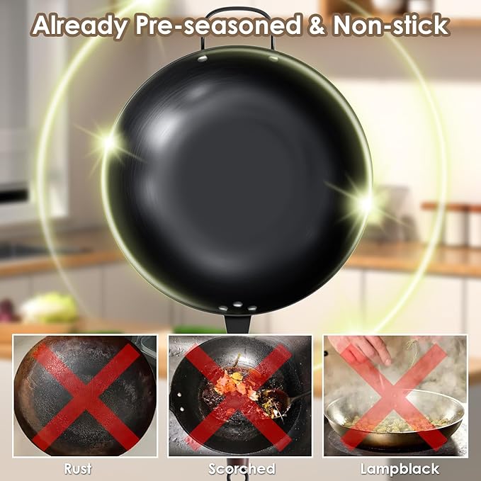 Steel Wok Pan, 11.8-inch/12.6-inch/13.4-inch Stir Fry Pans Chinese Wok Flat bottom Iron wok for Induction, Electric, Gas, Halogen All Stoves Ideal for Stovetop Cooking (13.4-inch)
