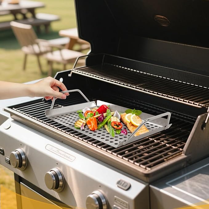 11 x 7 Inch Nonstick Grill Tray with Handles,Perforated Stainless Steel Grill Pans for Outdoor Grill,Heavy Duty Grilling Accessories for Charcoal Gas Grills,Easy to Use and Clean