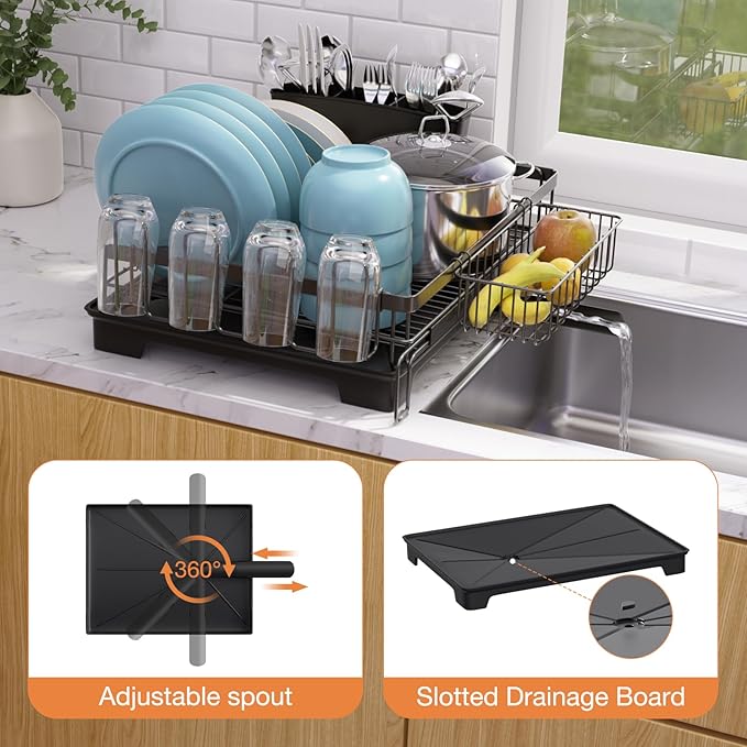 Extendable Dish Drying Rack, Drying Rack with Automatic Drainboard, Dish Drainers for Kitchen Counter, Anti-Rust Dish Drainers with Cup Holders & Utensil, Black