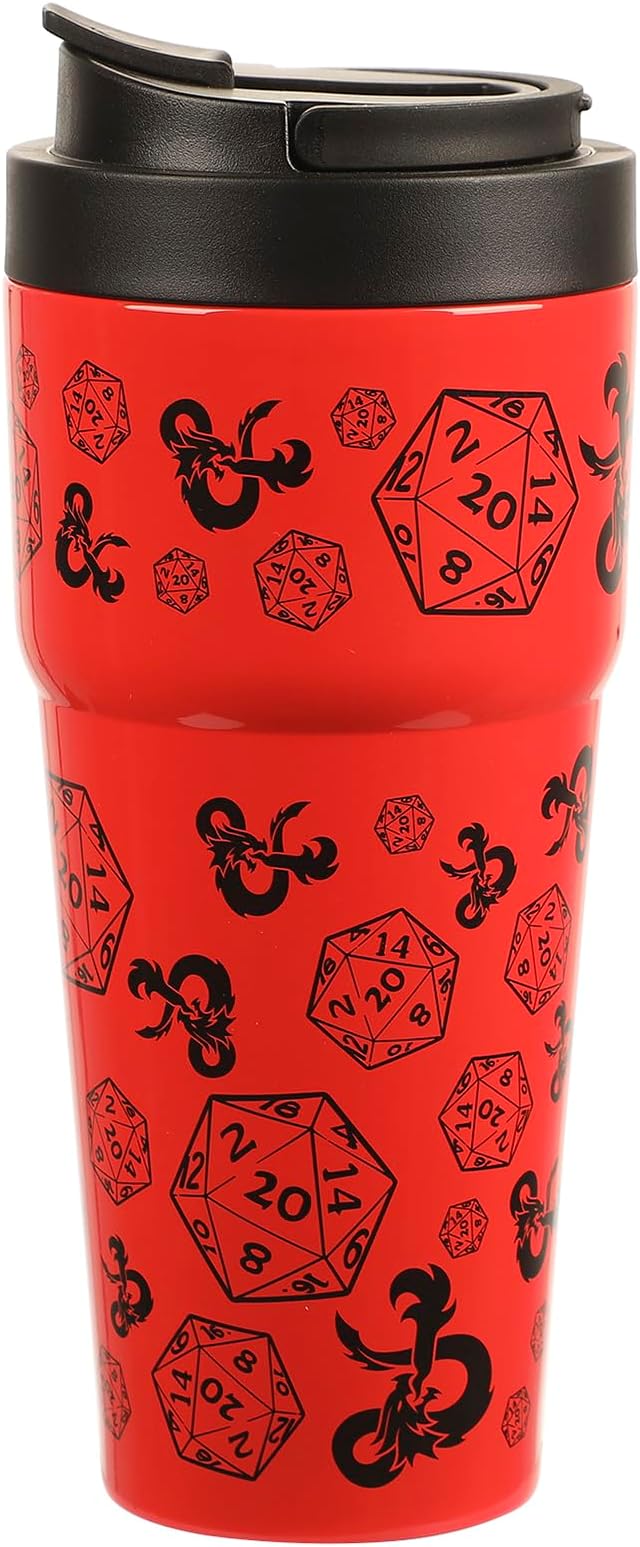 Bioworld Dungeons & Dragons D20 Dice & Logo Red 27 Oz Stainless Steel Travel Coffee Tumbler