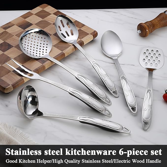 Berglander Stainless Steel Kitchen Utensils Set 6 Pcs, Cooking Utensil Sets, Kitchen Gadgets Essentials Include Metal Spatula Set, Skimmer, Ladle, Serving Spoon, Slotted Spoon, Carving Fork