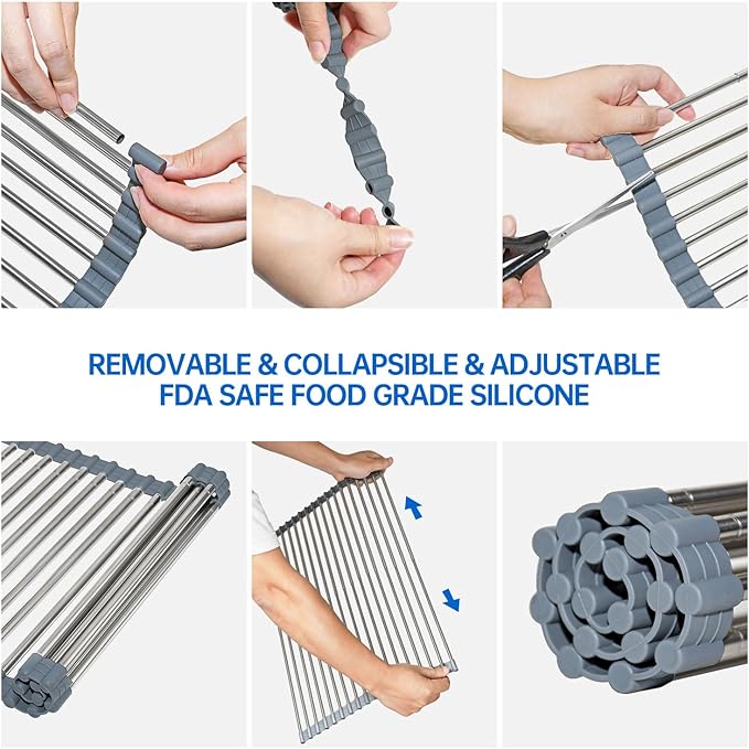 CHIRISEN Expandable Large Roll Up Dish Drying Rack, 18 Tubes 21.25x12.79'' Collapsible Over The Sink Rack, Non-Slip Silicone Rolling Dish Drainer Stainless Steel Rack for Kitchen Sink Counter (Gray)