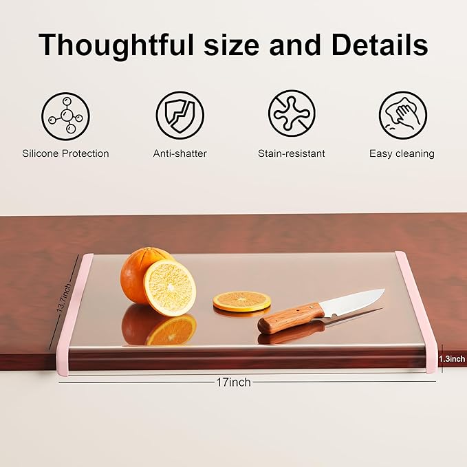 Clear Cutting Board for Countertop (17"x13.3"),Glass Cutting Board with Lip,Kitchen Countertop Protector, Non Slip,Gifts suitable for Christmas, Mother's Day and fatherly occasions (Pink)