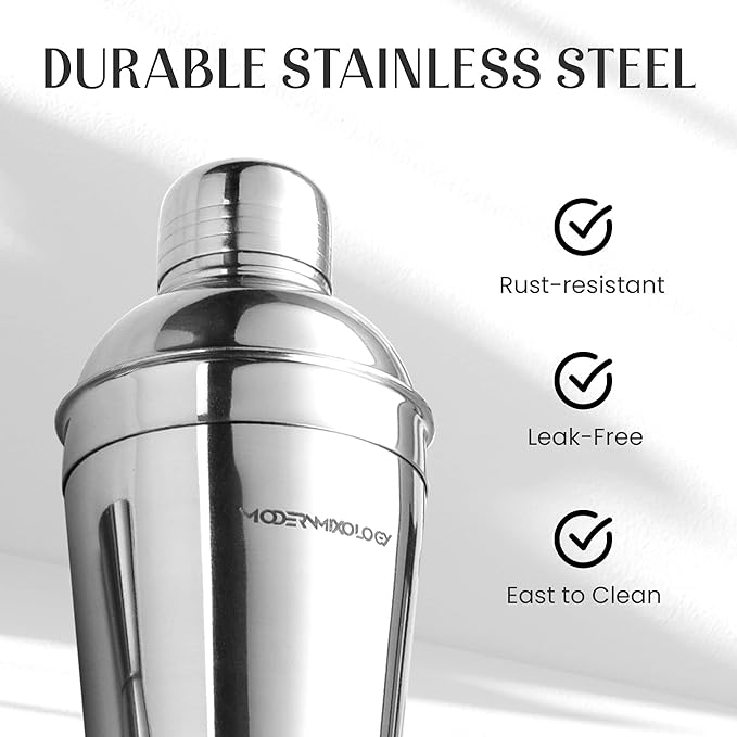 Modern Mixology Cocktail Shaker Set - 8 Piece Bartender Kit with Martini Shaker and Popular Bar Accessories on Quality Pine Stand - Leak Proof Design (Silver)