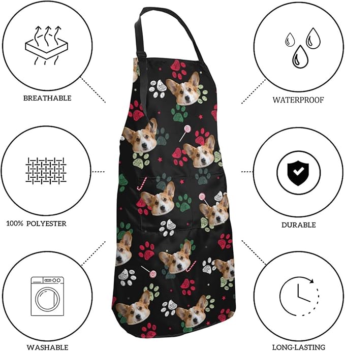 Custom Dog Face Apron for Men Women, Personalized Photo Bib Apron with Pockets, Customized Chef Aprons