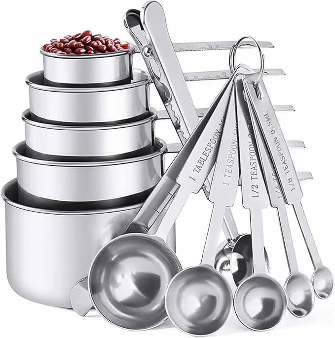 Stainless Steel Measuring Spoons and Cups Set with Clip set of 13, Including 5 Measuring Cups,6 Measuring Spoons, and Spoon Clip, Durable and Perfect for Baking and Cooking