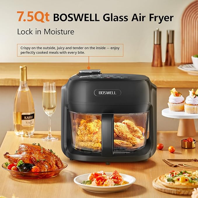 BOSWELL Glass Air Fryer, 7.5QT Borosilicate Bowl with Circulating Heat, Digital Touchscreen, 400°F Max Temp, Oil-Free Fryer with Mist Function, Dishwasher Safe (Black)