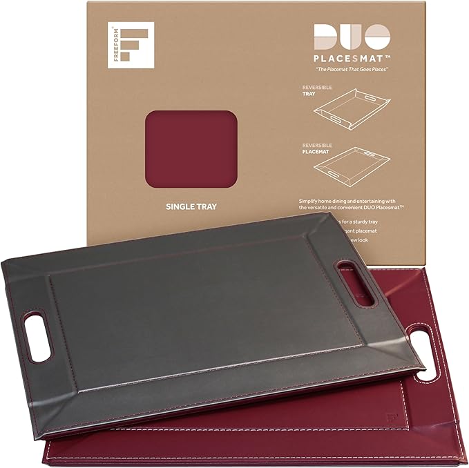 PLACEsMAT 2-in-1 Faux Leather Placemat & Serving Tray | Reversible Design, Lays Flat & Easy to Clean | Ottoman Food Tray, Perfect Housewarming Gift, 18” x 14” (Burgundy & Gunmetal, Single)