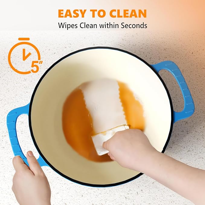 ROVSUN Enameled Cast Iron Round Dutch Oven, 6QT Pot with Lid &Dual Handles with Silicone Gloves,Oven Safe up to 500°F, Heavy-Duty Pre-Seasoned Cookware for Bread Baking, Braising, Stews, Roasting, Blue