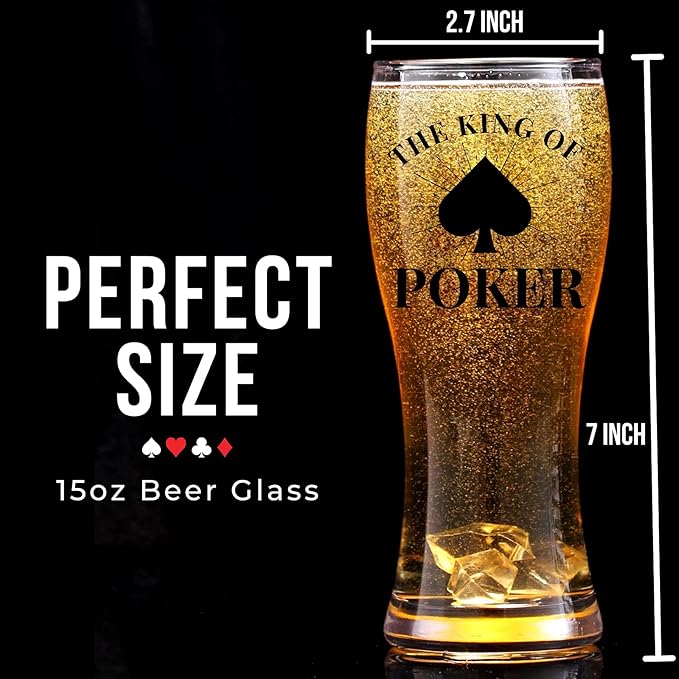 Poker Gifts for Men, Unique Gift for Poker Players and Lovers, Beer Print Glass 15 oz (443 ml) for Birthday, Christmas - Box and Card Included