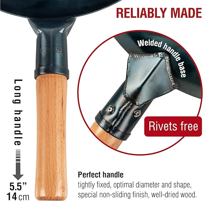 YOSUKATA Blue Round Bottom Wok Pan – 14" Woks and Stir Fry Pans + Wok Lid 13.6 Inch - Premium Stainless Griddle Dome with Tempered Glass + 17" Wok Spatula and Ladle and Turner