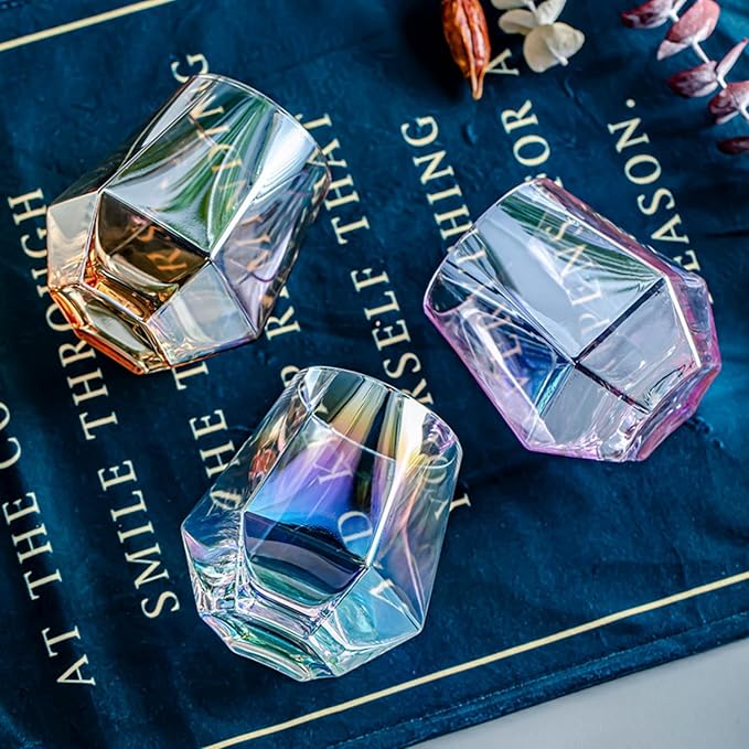 Wine Glasses Set Of 4,Stemless Wine Glass10 Oz Iridescent Glassware Modern Rainbow Wine Glass Colored Tumblers for Red Wine,Cocktail,Whiskey, Bourbon,Gift wine lovers (Iridescent)