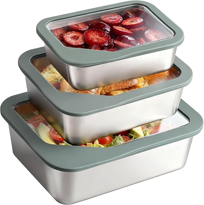 Stainless Steel Food Storage Container with Glass Lids, 3 Pack Nested Lunch Boxes, Airtight Lid Food Container for Sandwiches, Snacks, Meal Prep and Kitchen Storage