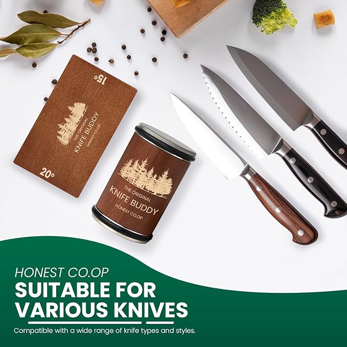 Rolling Knife Sharpener Kit – Magnetic Tumbler Sharpener with Diamond & Ceramic Discs – 15° & 20° Angle Guide – Razor Sharp Kitchen & Chef’s Knives – Premium Wood Design by Honest Co.op