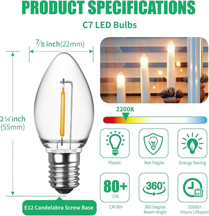Meconard C7 LED Night Light Bulbs, Shatterproof LED Replacement Bulbs for Window Candles & Chandeliers, E12 Candelabra Base, 0.6 Watt Equivalent to 7Watt Incandescent Bulb, Warm White,6 Pack