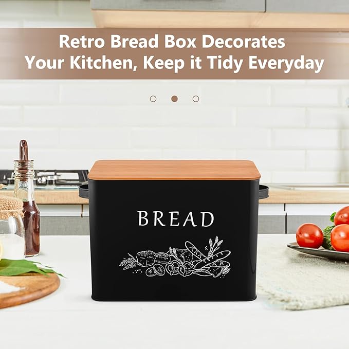 P&P CHEF Bread Box for Kitchen Counter, Metal Bread Storage Bin with Wooden Cutting Lid, Large Capacity for Holding 2+ Loaves, Retro Modern Style, Size 13” x 7.2” x 9.7”, Black