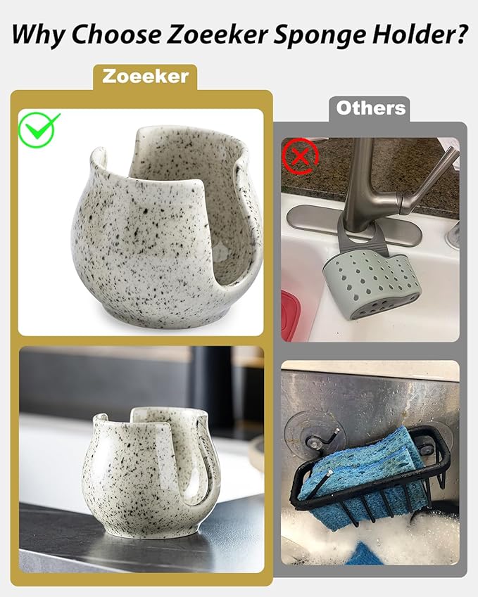 Sponge Holder for Kitchen Sink, Ceramic Dish Sponge Dish Rack Scrubby Caddy Kitchen Organizer Cute Sink Caddy Organizer, Farmhouse Decor, Speckled Glaze