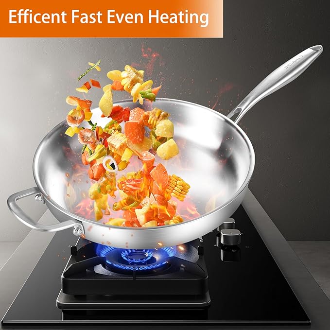 DELARLO Tri-Ply Stainless Steel Pan with Lid 12inch丨Compatible with All Cooktops Up to 600℉丨Stainless Steel Skillet 12 inch丨Heavy Duty丨Frying Pan with Lid丨18/10 Large Cooking Surface