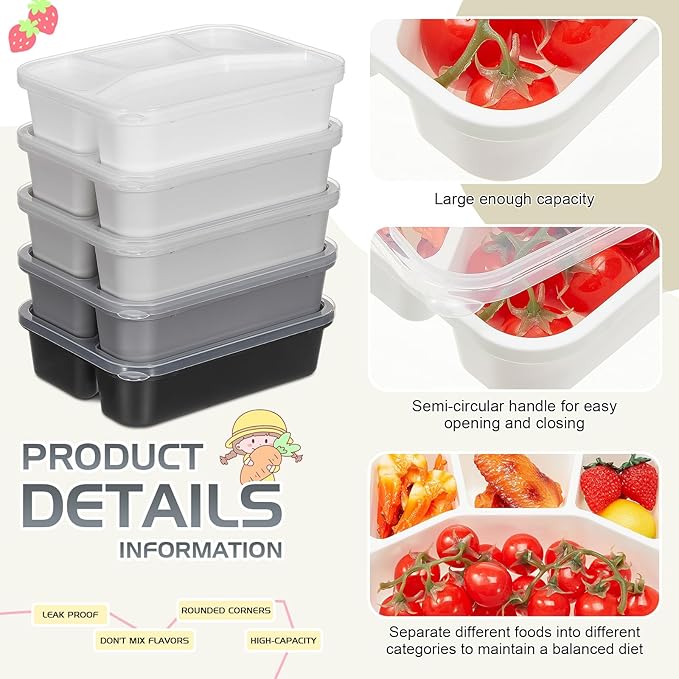 Honeydak 5 Pack Snack Containers 4 Compartment Bento Snack Boxes Reusable Lunchable Containers with Lids Divided Meal Prep Lunch Food Storage Box for School Work Travel(Black and White Ombre,Mixed)