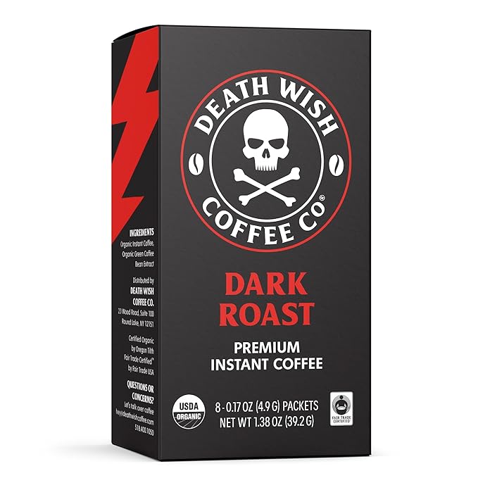 Death Wish Coffee Instant Dark Roast Coffee Packets, Bold & Intense Blend of Arabica & Robusta Beans, USDA Organic, 8 Count