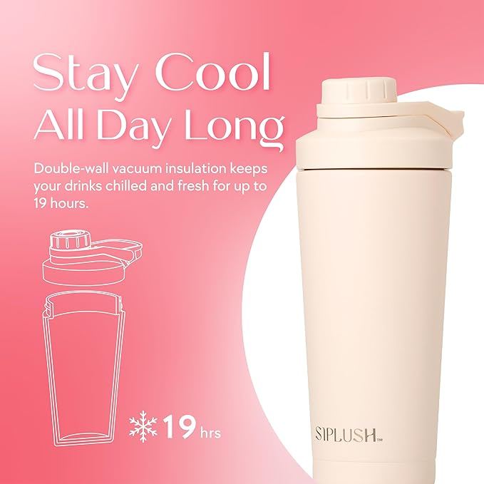 Paradise Shaker Bottle, 24 oz, Insulated Stainless Steel Protein Shaker, Smoothie and Pre Workout for Women, with Leakproof Twist-Off Chug Cap, Quiet Mixing, Creamy Pink, Malibu Sands