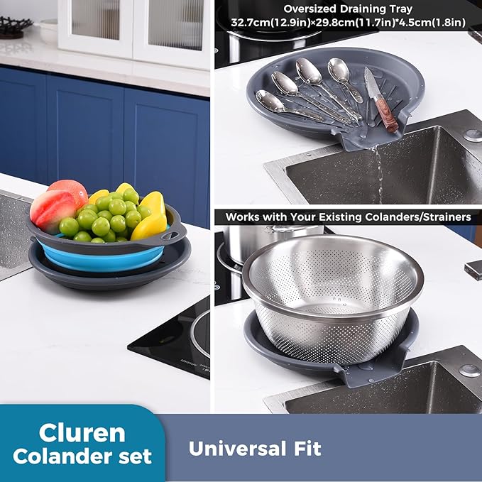 Collapsible Colander Set with Universal Draining Tray | 3-Pack Foldable Kitchen Strainers + Base | Space Saving for Pasta, Veggies, Fruit & Rice | 5 Colors (Gray-Blue)