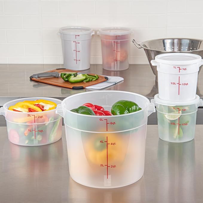 Restaurantware-Met Lux 6 Quart Food Storage Containers, 10 Translucent Storage Containers - Lids Sold Separately, Red Volume Markers, Dishwashable Containers, Side Handles, For Storing Foods