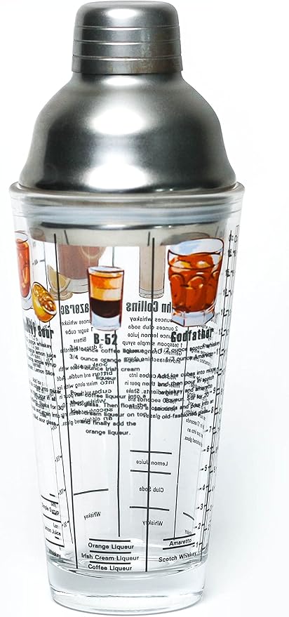 14 oz Recipe Glass Cocktail Shaker With Strainer Top - Includes 6 Cocktail Drink Recipes (Whiskey Theme)