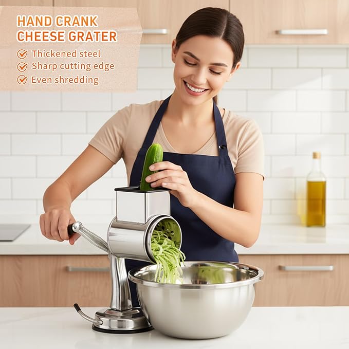 2 Pcs Stainless Steel Rotary Cheese Grater with 8.2 Qt Mixing Bowl and 5 Interchangeable Blades Reinforced Suction Base Metal Manual for Kitchen Vegetable Slicer Shredder for Nuts Cookies