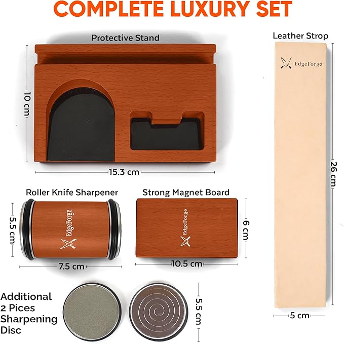 Premium Rolling Knife Sharpener Kit - Two Extra Disc, Leather Strop and Stand - Elegant Gift for Chefs & Cooks - Knife Sharpening Kit for Kitchen & Pocket Knives