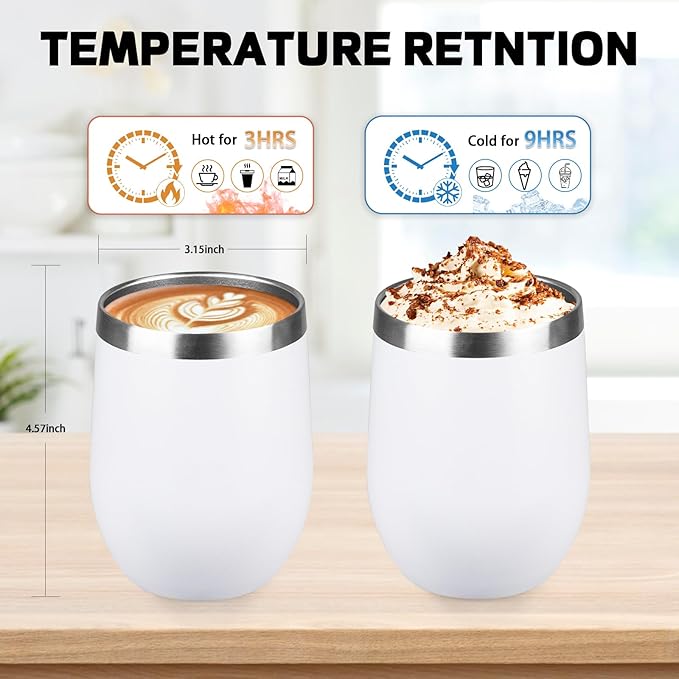StarSpeed 12oz Wine Tumbler with lid, Stainless Steel Travel Mugs Stemless Double Wall Insulated Coffee Cup, Insulated Wine Glasses Travel Tumbler for Cold & Hot Drinks(White, 1)