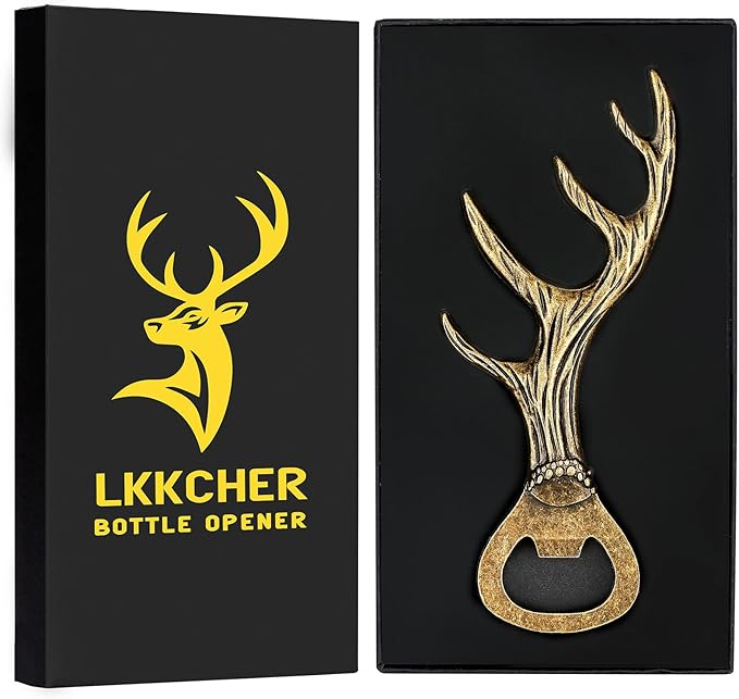 LKKCHER Deer Antler Beer Bottle Opener Stag Gifts for Women Men Wife Husband Girlfriend Boyfriend Mom Dad New Home Birthday Party Wedding Lovely Novelty Sturdy Bronze Gadget Christmas Gift Present
