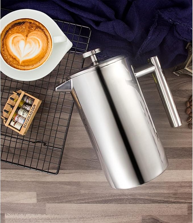 Miuly 21OZ French Press Coffee Maker 600ML Stainless Steel Coffee Press with 3 Level Filtration System, Double Wall Insulated French Press with 2 Filters, Silver
