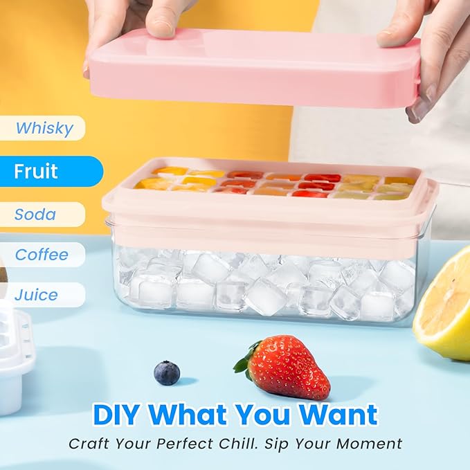 Ice Cube Tray with Lid and Bin, 28 pcs Ice Cubes Molds, Ice Trays for Freezer, Ice Cube Tray Mold, with 1 tray, Ice Freezer Container, Spill-Resistant Removable Lid & Ice Scoop, for Whiskey,Cocktail