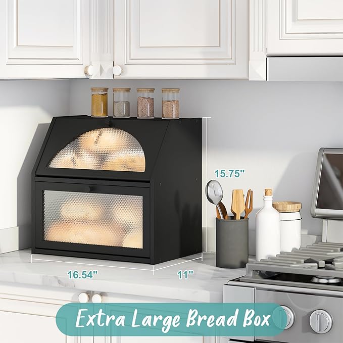 Extra Large Bread Box for Kitchen Counter, Bamboo Wood Double Layer Bread Box for Kitchen Counter, Wooden Capacity Bread Storage Bin，Black