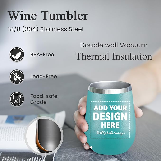 MEWAY Personalized Custom 12oz Wine Tumbler with Lid, Insulated Double Wall Vacuum Travel Tumbler Gifts with Text Photo Logo (Blue, 1pack)