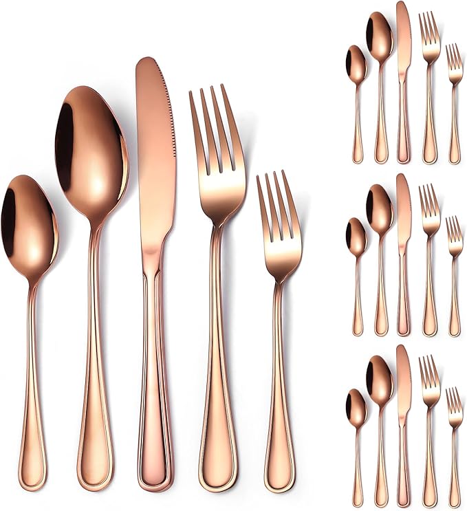 20 Pieces Rose Gold Flatware Set for 4 Person Luxury Stainless Steel Cutlery Forks Knives Spoons Modern Eating Utensils Double Line Edges Handle