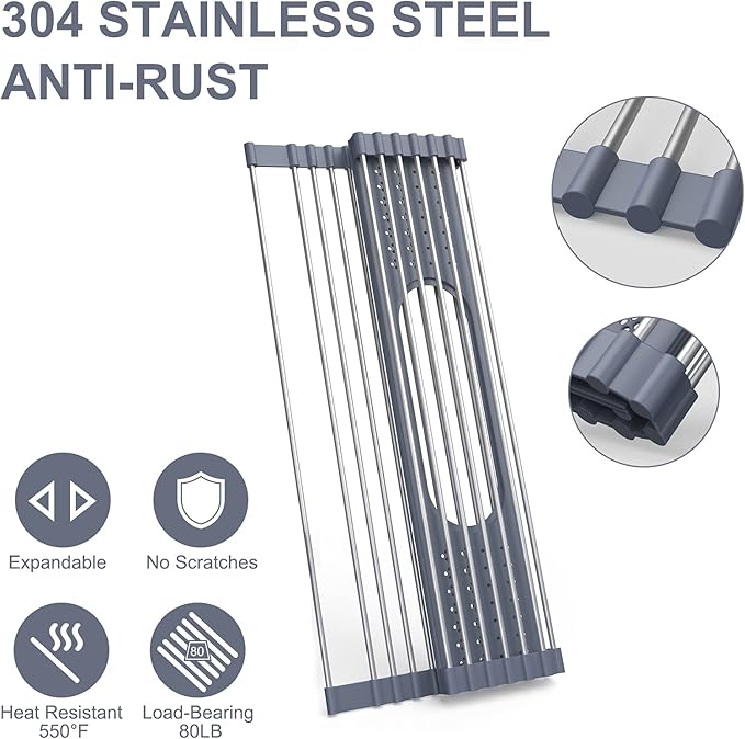 LEMIKKLE 20" x 15.2" Roll Up Dish Drying Rack Over The Sink Dish Drying Rack,Multi-Purpose Kitchen Rolling Dish Drainer Foldable SUS304 Stainless Steel Dish Drying Rack