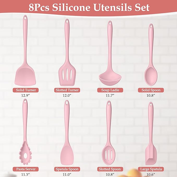 LIANYU Kitchen Silicone Utensils Set, 8Pcs Cooking Utensils Spatula Set for Nonstick Cookware, Heat Resistant Kitchen Gadgets Include Silicone Spoon, Turner, Spatula, Ladle, Dishwasher Safe, Pink