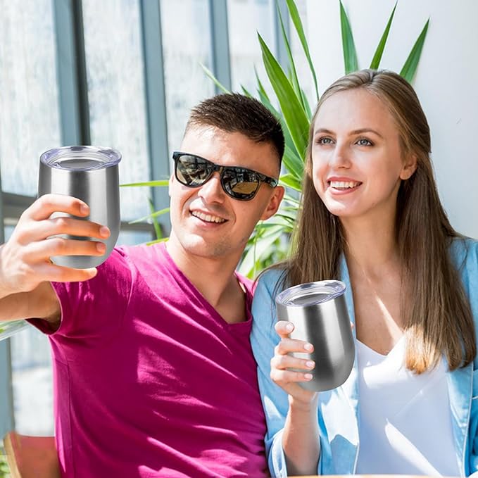 StarSpeed 12oz/12 Pack Wine Tumbler with lid, Stainless Steel Travel Mugs Stemless Double Wall Insulated Coffee Cup, Insulated Wine Glasses Travel Tumbler for Cold & Hot Drinks(Silver, 12)