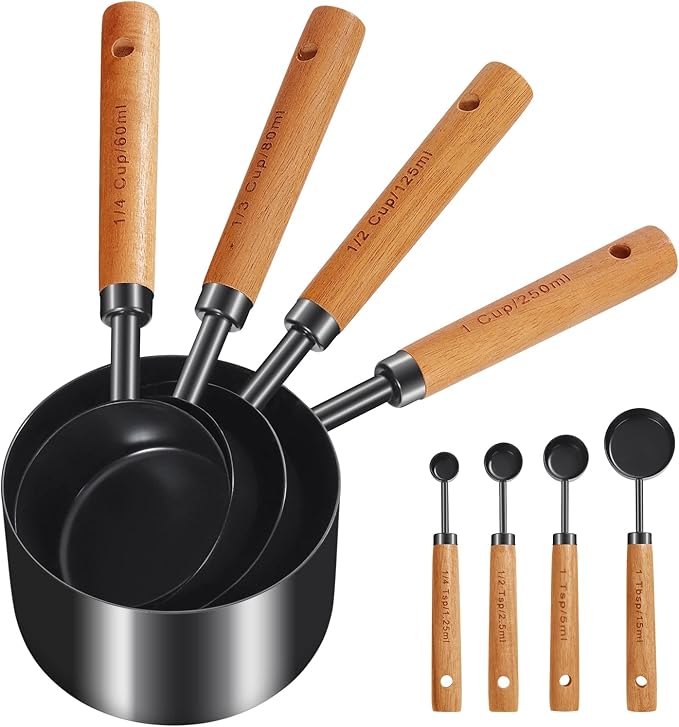 GuDoQi 8pcs Measuring Cups and Spoons Set Wood Handle Golden Stainless Steel Measuring Cups and Spoons，Measurements, US Measurements Dry & Liquid Kitchen Measure Set for Cooking and Baking, Black